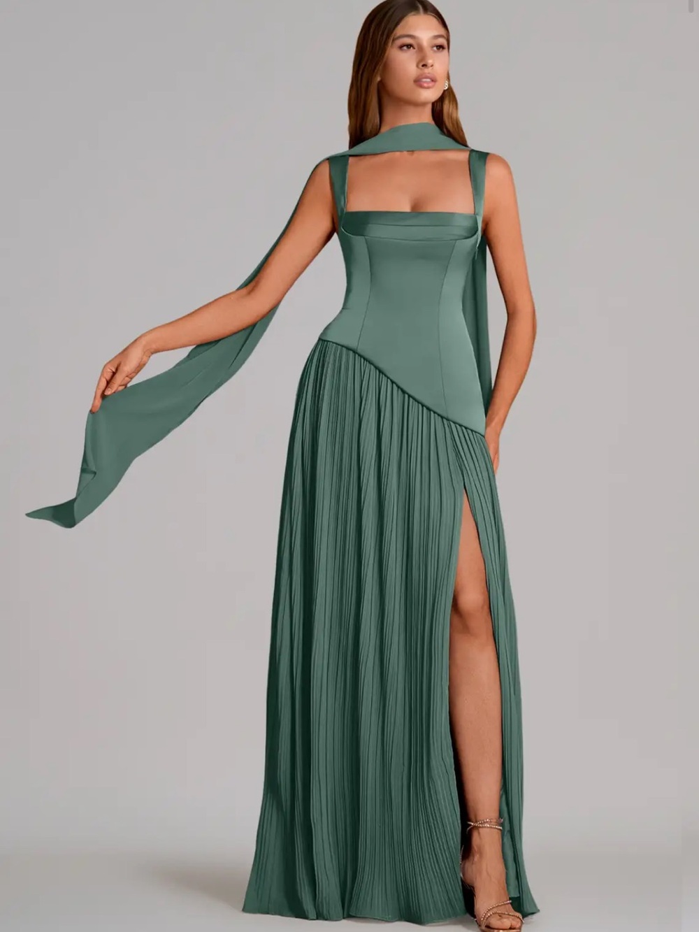Azazie Sage Green Pleated Maxi Dress with Scarf Detail